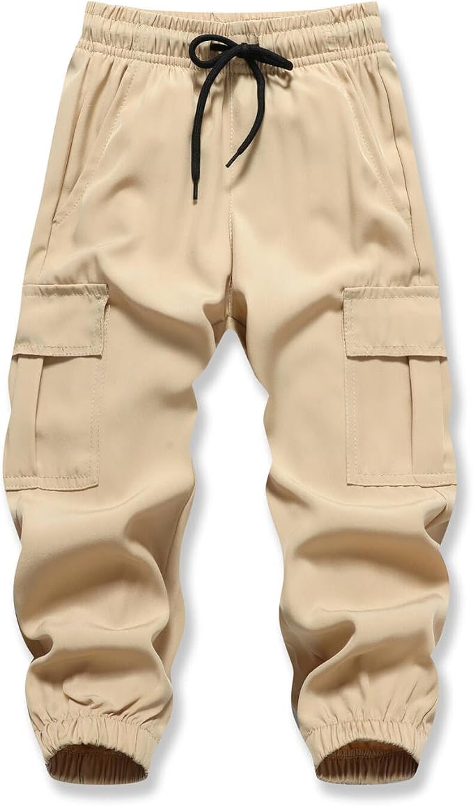 Khaki toddler cargo joggers with a black drawstring and side pockets.