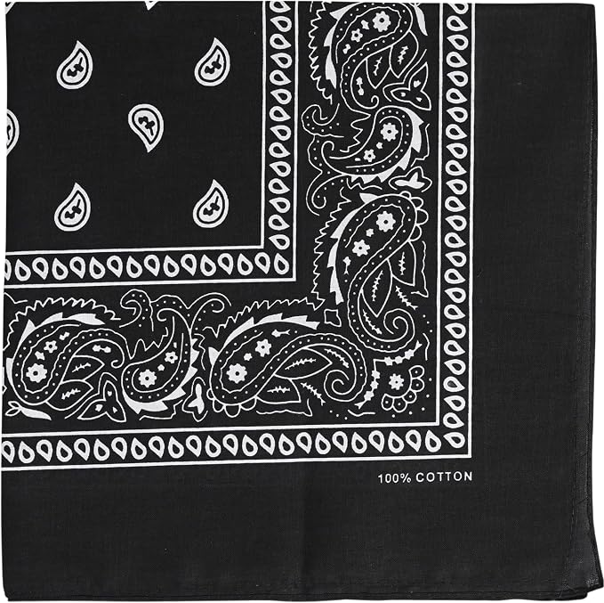 Black cotton bandana with a white paisley print.