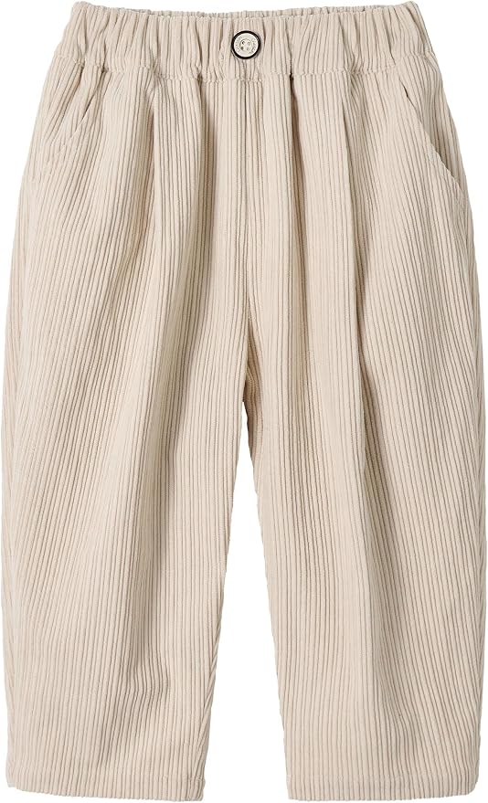 Beige toddler wide leg corduroy pants with elastic waist.