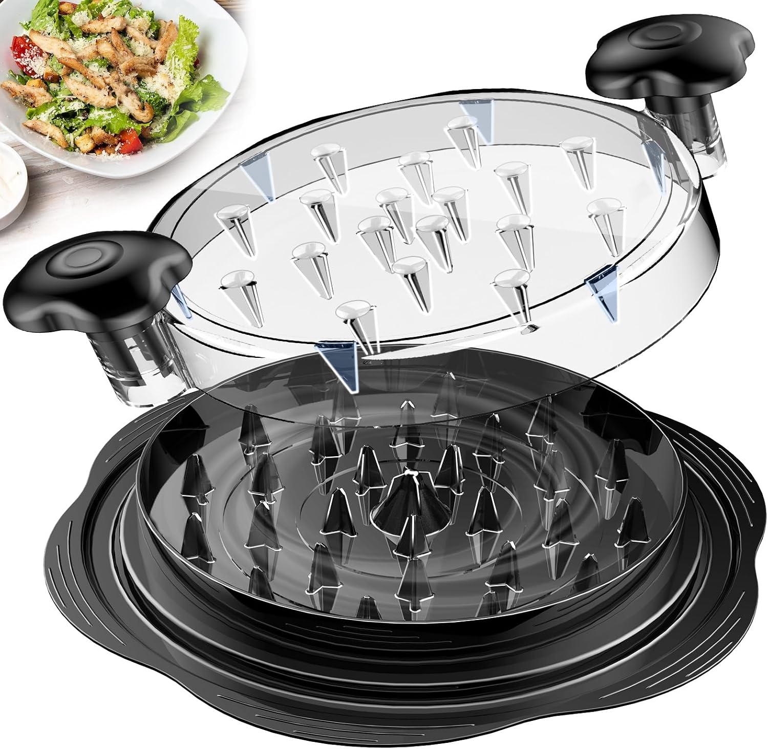 Black and clear twist-style chicken shredder tool with interlocking teeth and two knob handles.