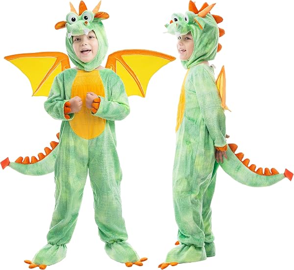 Toddler green dragon dinosaur costume with orange wings, a tail, and a hood.