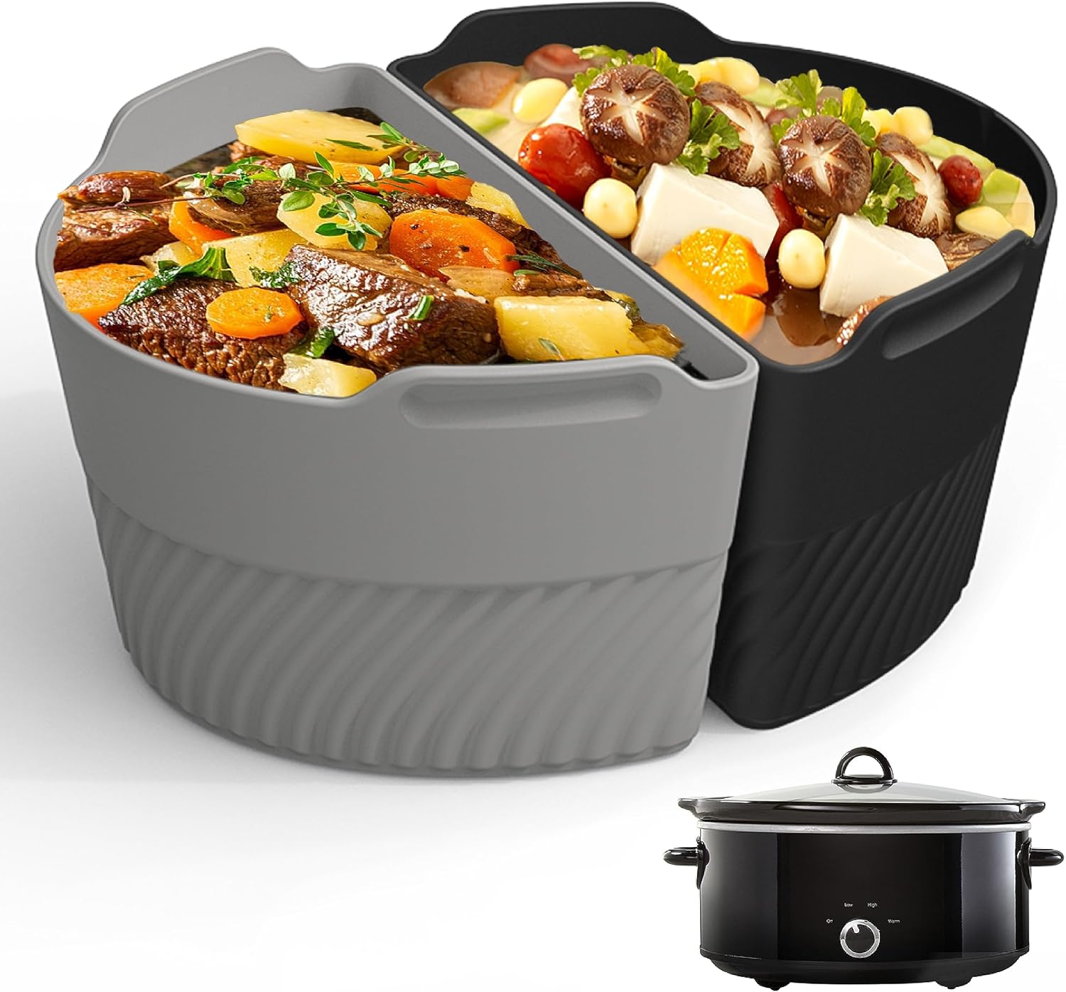 Gray and black silicone slow cooker divider liners holding two separate meals side by side.
