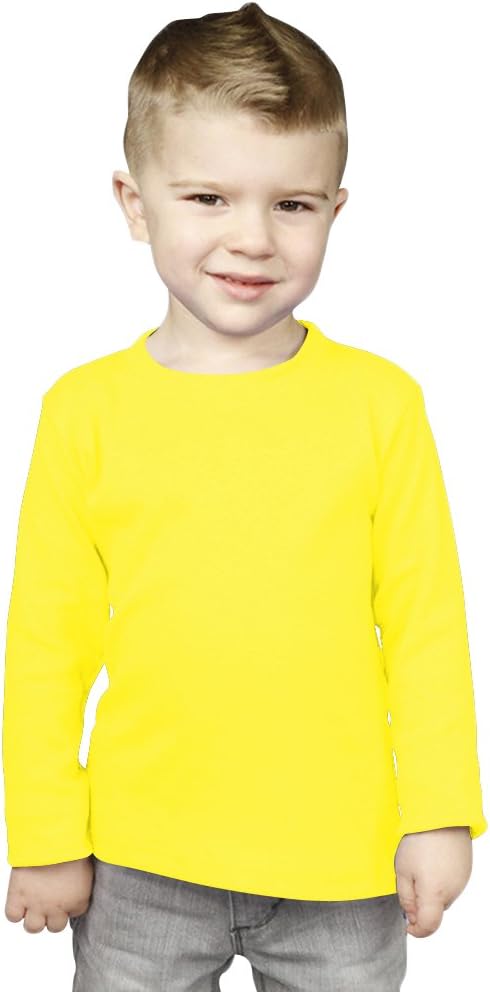 Toddler boy wearing a plain bright yellow long sleeve tee.