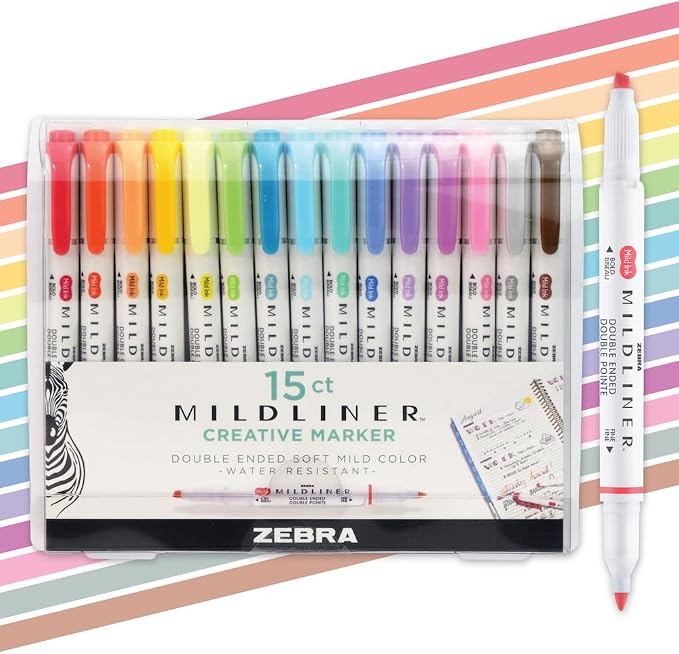 Zebra Mildliner 15 pack of double ended soft color highlighters in a clear case.