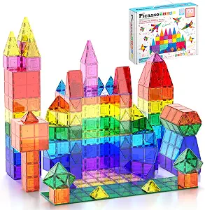 Rainbow PicassoTiles magnetic tiles built into a castle next to the box.