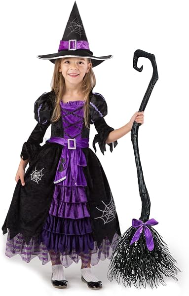 Toddler purple and black ruffled witch dress with a matching hat and broom.