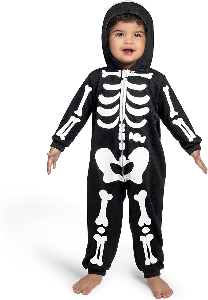 Toddler wearing a black hooded skeleton onesie with white bone print and a zip front.