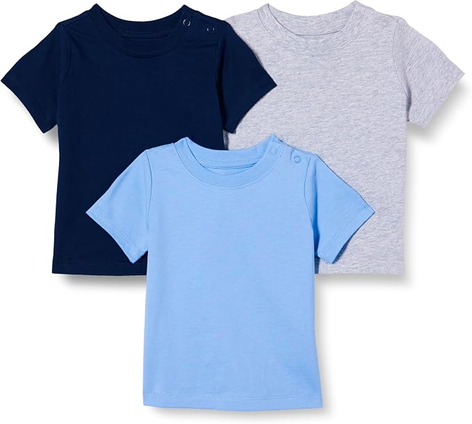 Three-pack of toddler short-sleeve tees in navy, heather gray, and light blue with shoulder snaps.