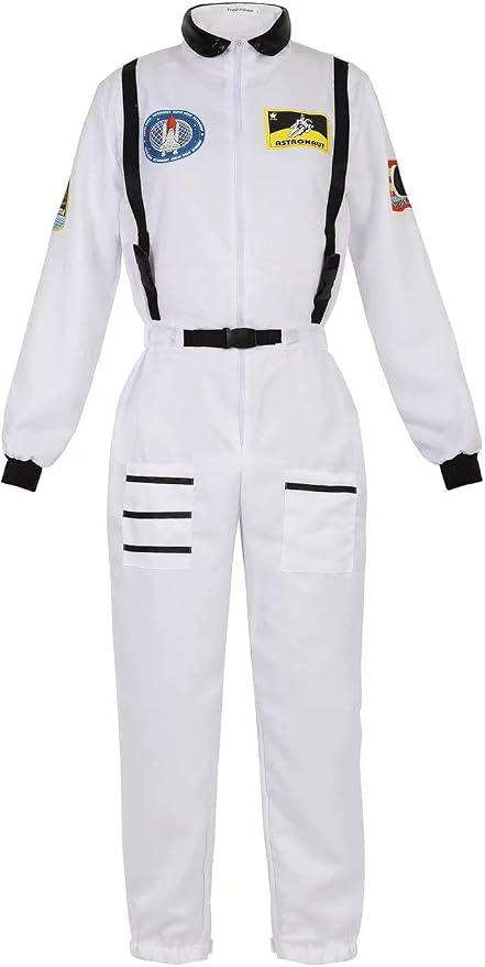White women's astronaut jumpsuit with black straps, belt, and mission patches.