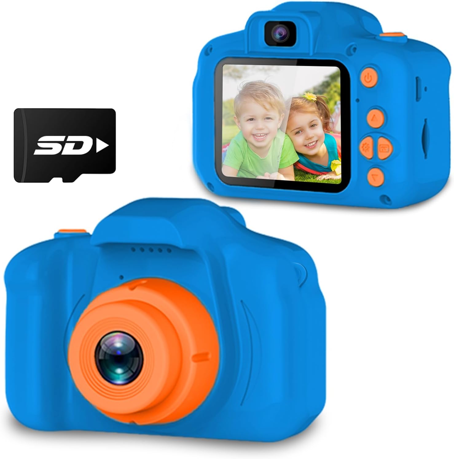 Blue kids camera with an orange lens ring, shown from the front and back beside an SD card.