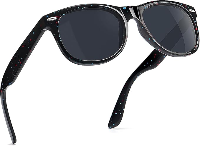 Black speckled kids sunglasses with dark rounded lenses.