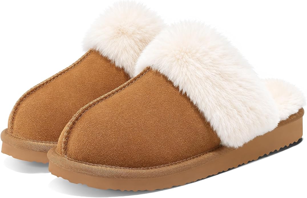 Chestnut faux suede slippers with a fluffy cream faux fur collar.