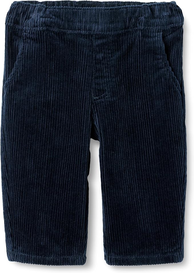 Navy corduroy toddler pull-on pants with an elastic waistband and side pockets.
