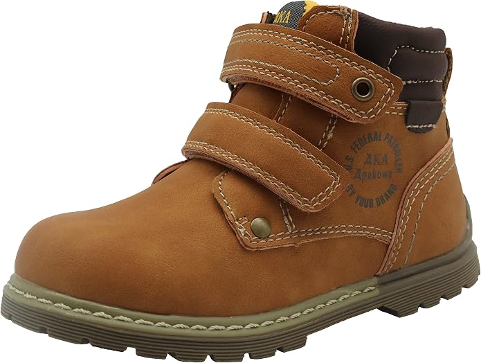 Brown water resistant toddler ankle work boot with two hook and loop straps and a lug sole.