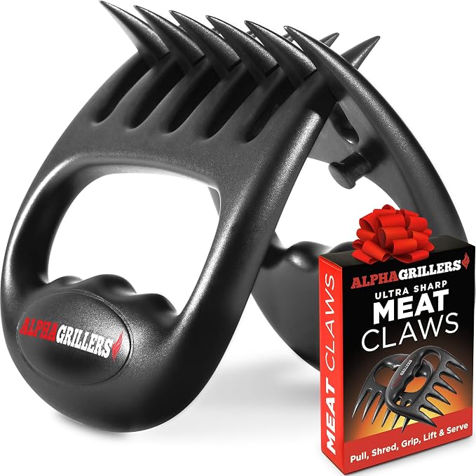Pair of black Alpha Grillers meat shredder claws next to their retail box.