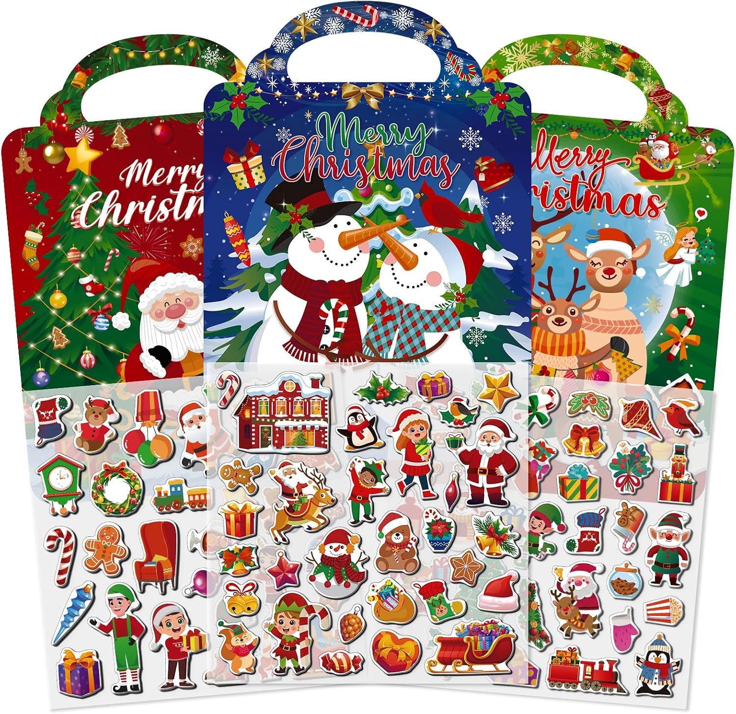 Three Christmas reusable sticker books with Santa, snowman and reindeer covers.