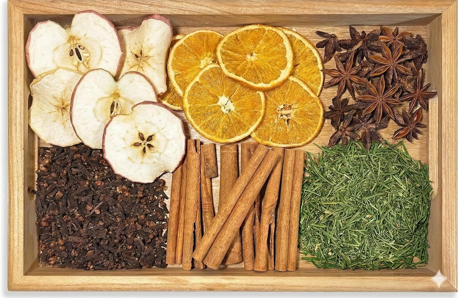 Wooden tray divided into dried apple slices, orange slices, star anise, cloves, cinnamon sticks, and chopped rosemary.