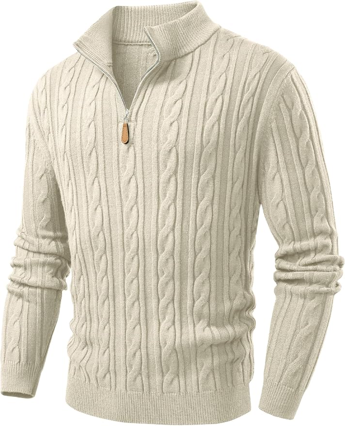 Men's light beige cable knit quarter zip sweater.