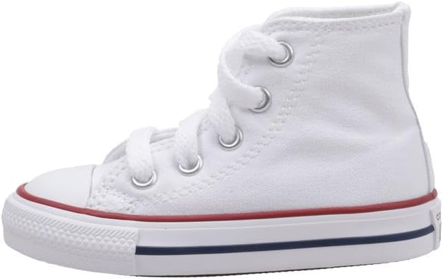 White canvas Converse Chuck Taylor toddler high-top sneaker with white laces and a rubber toe cap.