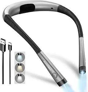 Gray and black neck reading light with two flexible arms.