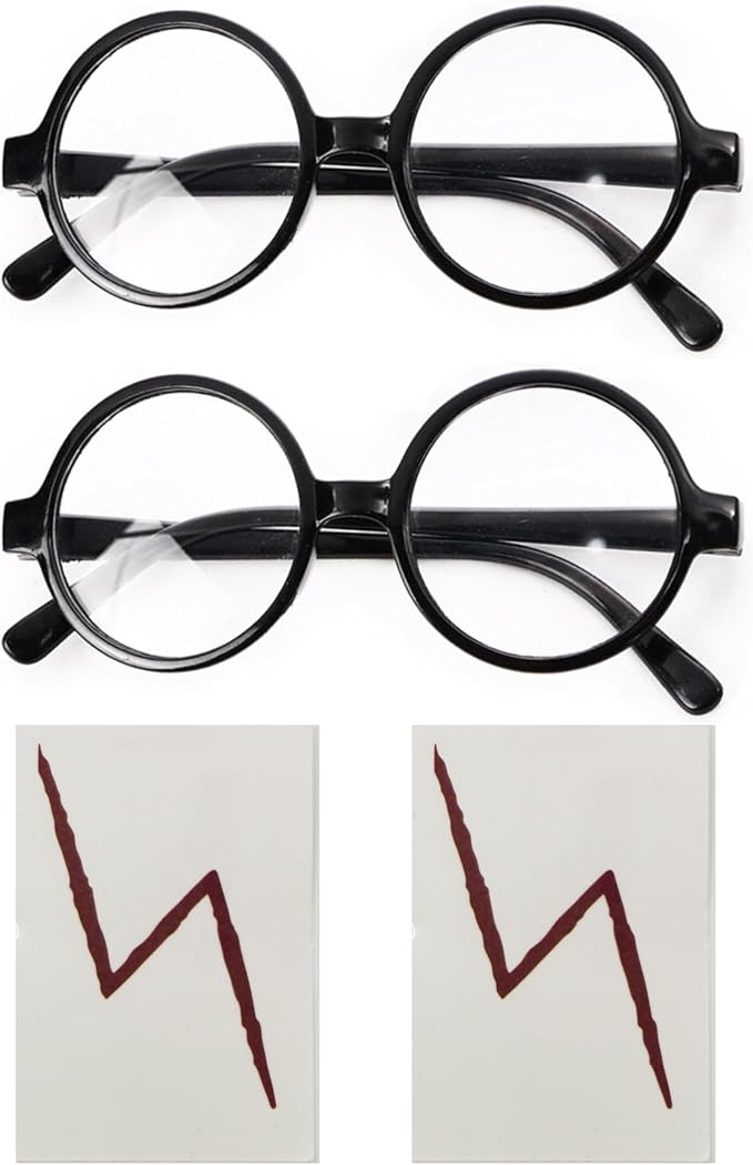 Two pairs of round black costume glasses with two lightning bolt temporary tattoos.