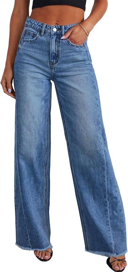 Medium wash high waisted wide leg jeans with a raw hem, worn with a black crop top.