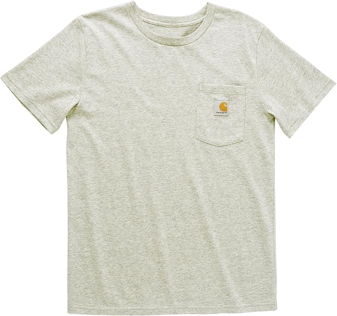 Heathered sage green kids Carhartt short-sleeve tee with a chest pocket and logo label.