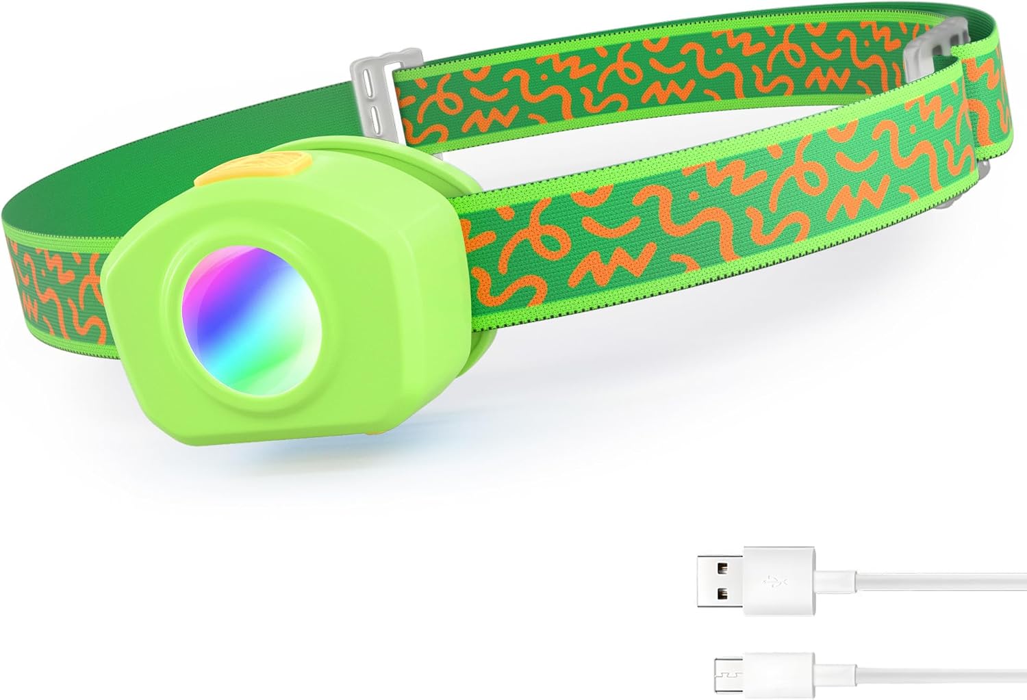 Green rechargeable kids headlamp with patterned band and USB cable.