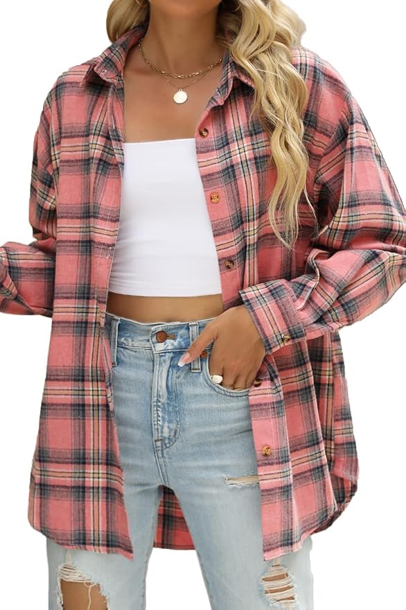 Oversized plaid flannel button-up shirt worn open over a white top and jeans.