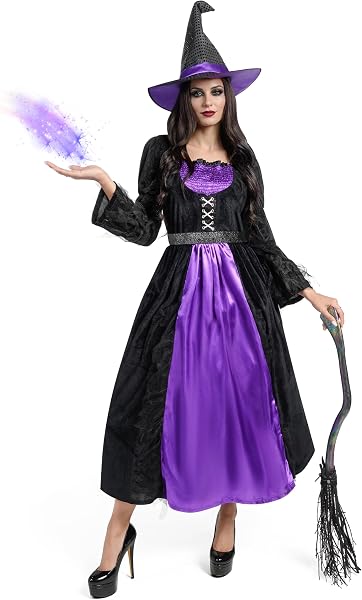 Adult black and purple witch dress with a pointed hat.