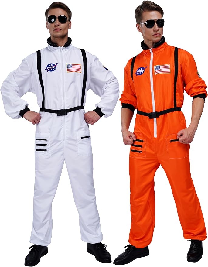 Man wearing a white astronaut jumpsuit with black straps, belt, and flag patch.
