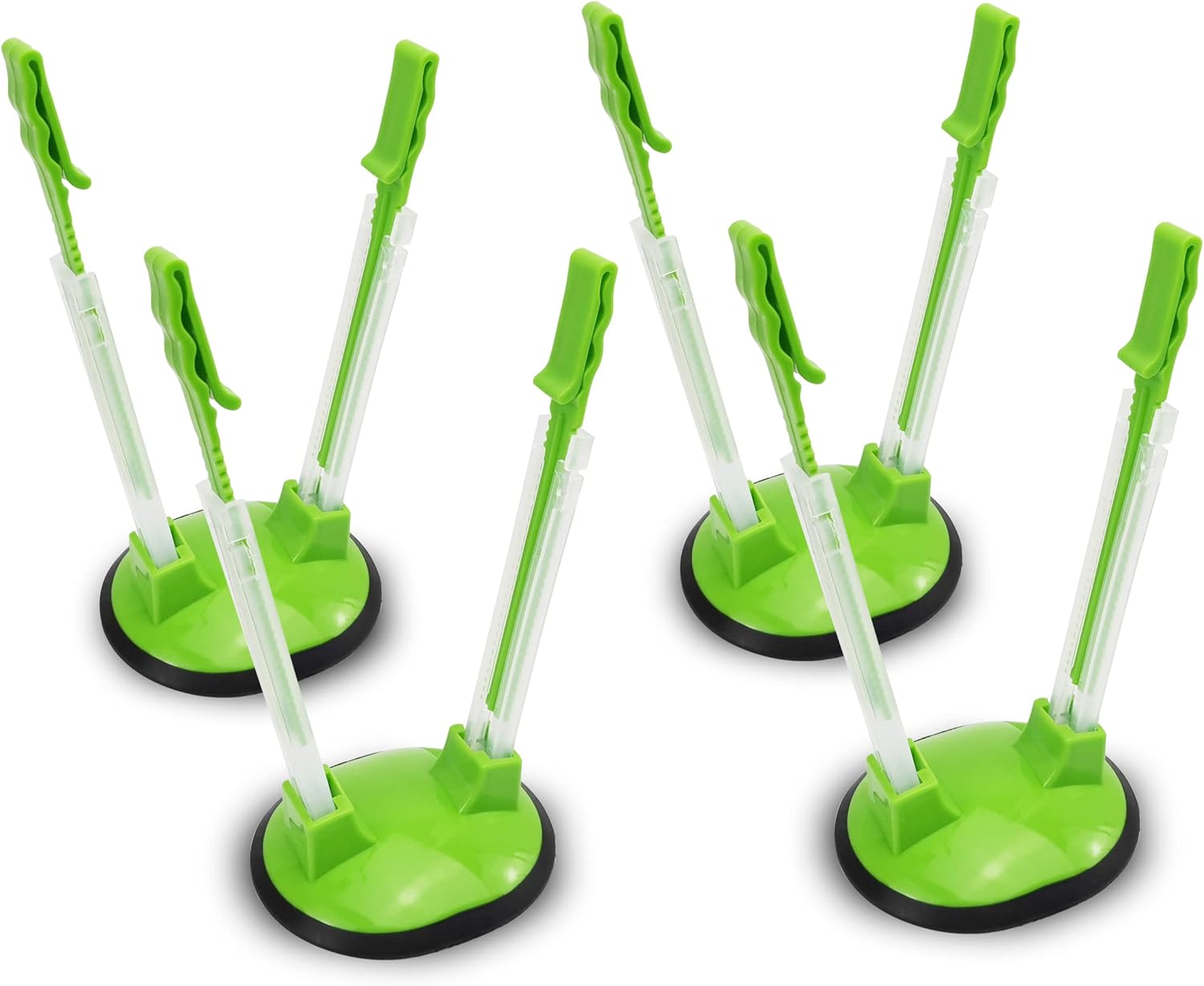 Set of four green freezer bag holder stands with clips and weighted bases.
