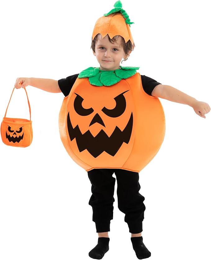 Toddler in a plush orange jack-o'-lantern costume with a stem hat, holding a matching pumpkin treat basket.