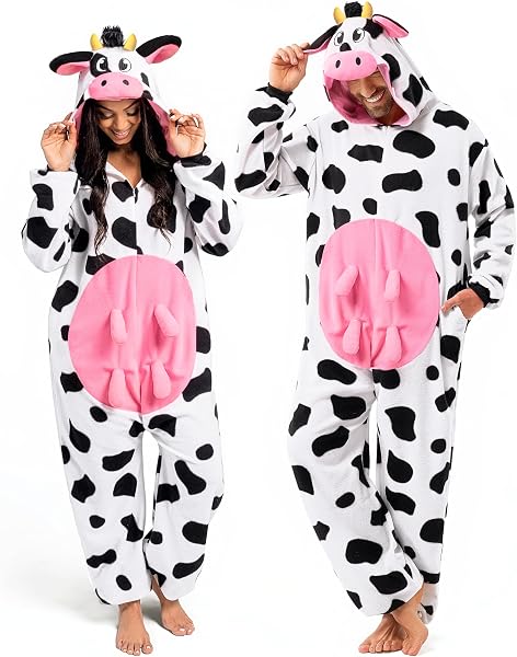 Adult black and white cow onesie costume with a hood, pink accents, and matching ears.