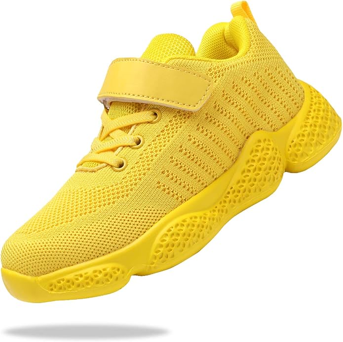 Bright yellow toddler knit sneaker with a hook and loop strap and laces.