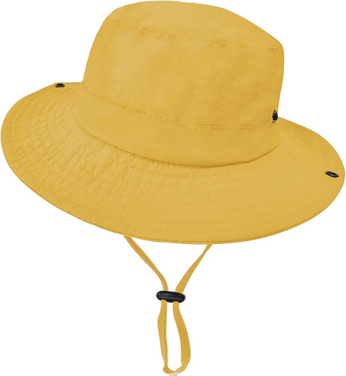 Yellow kids safari bucket hat with chin cord.