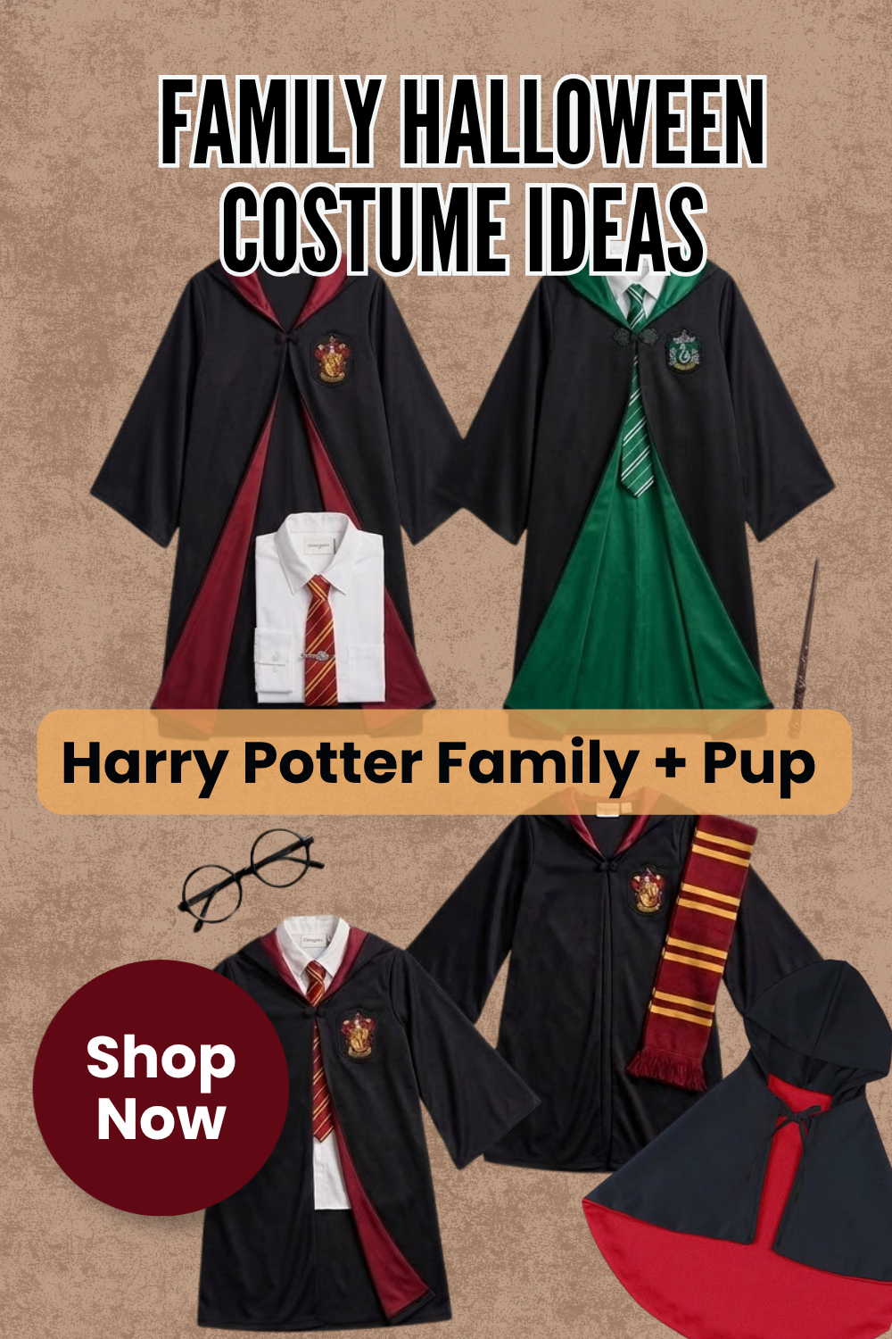 Pin graphic titled 'Family Halloween Costume Ideas: Harry Potter Family + Pup' showing black wizard school robes with red and green house linings, a kids robe, round glasses, a wand, a house scarf, and a hooded dog cape.