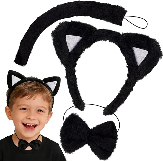 Black fuzzy cat ear headband with a matching tail and bow tie set for kids.