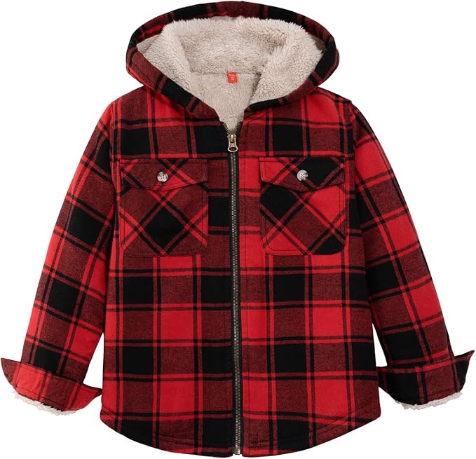 Red and black plaid hooded flannel shirt jacket for boys with cream sherpa fleece lining and a full zip front.