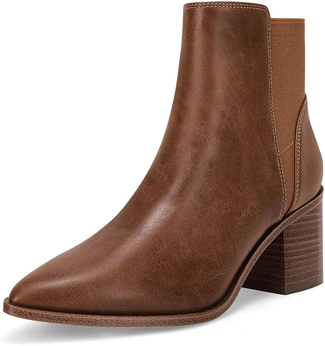 Cognac brown pointed-toe Chelsea boot with a stacked block heel.