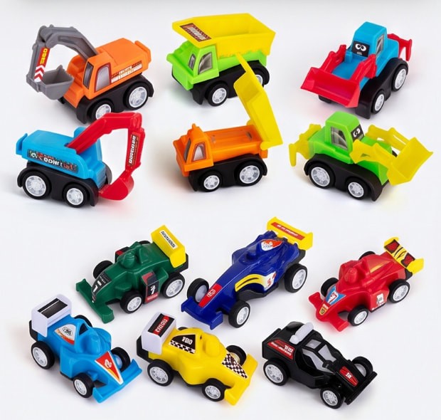 Twelve mini pull back construction trucks and race cars.