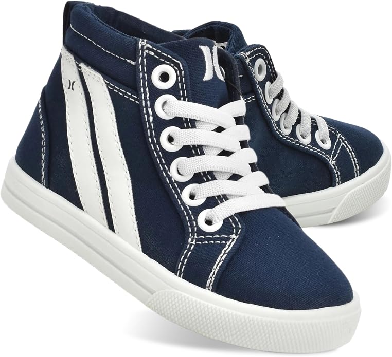 Navy canvas kids high-top sneakers with white side stripes and white laces.