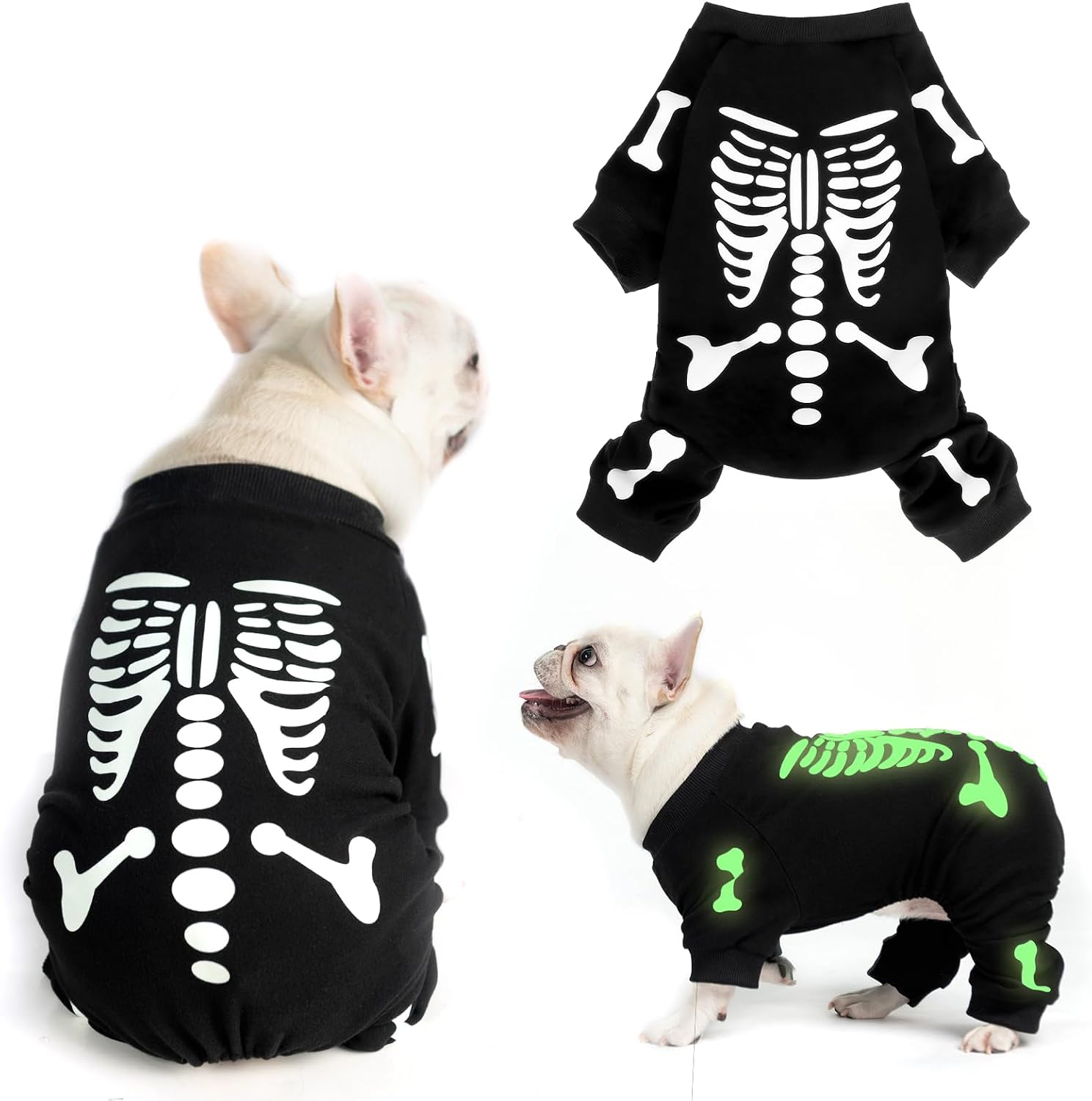Small white dog wearing a black skeleton-print pullover costume, with a second view showing the print glowing green.