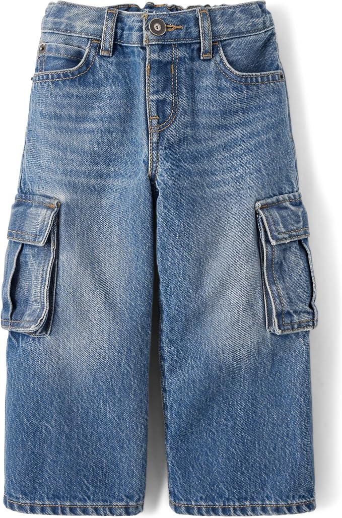 Light wash toddler baggy wide leg jeans with cargo side pockets and a button front.