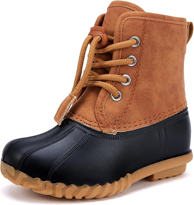 Toddler duck boot with a tan suede upper, brown laces, and a black waterproof rubber foot.