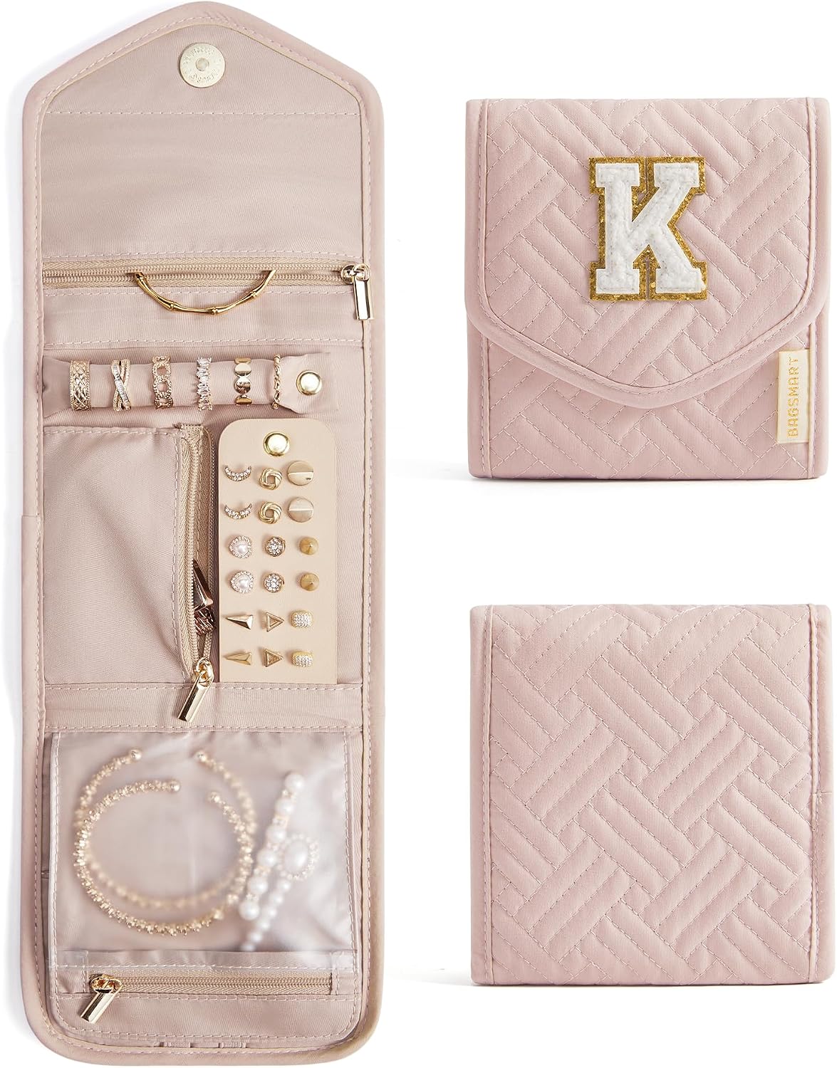 Soft pink quilted travel jewelry organizer shown open with rings and earrings, and closed with a letter K patch.