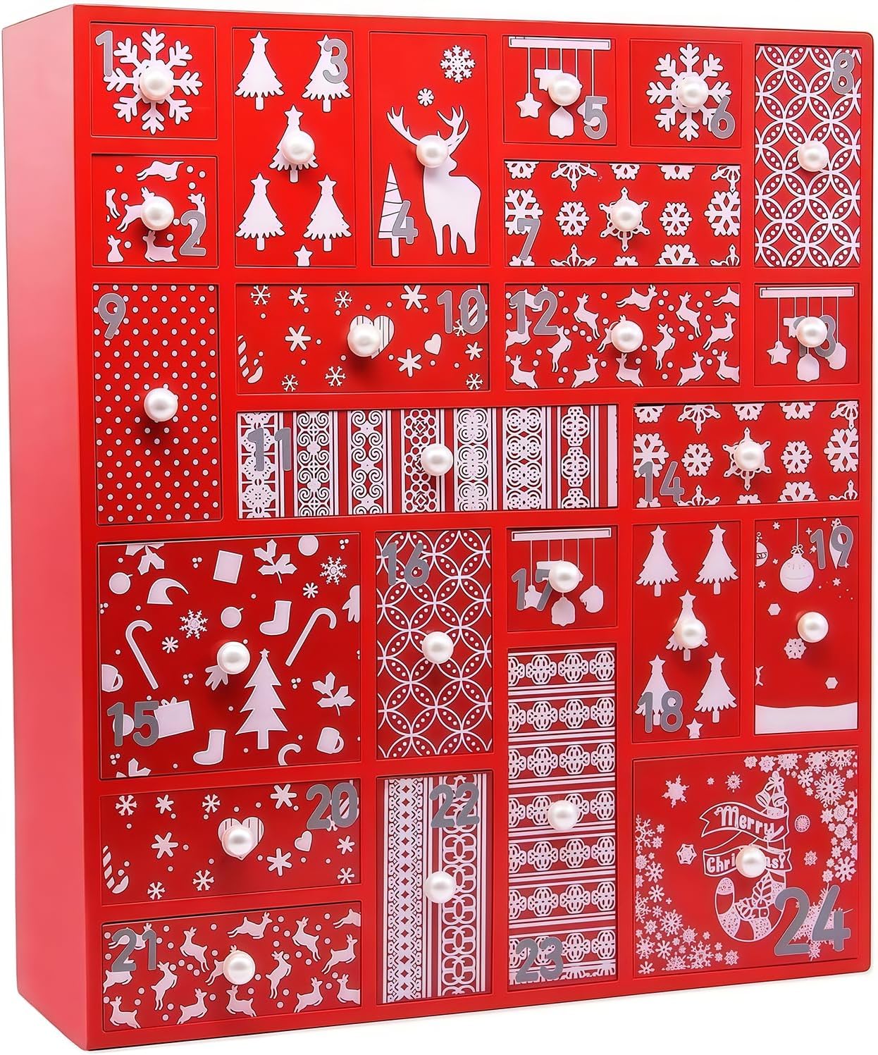 Red wooden advent calendar with 24 numbered white-patterned drawers.