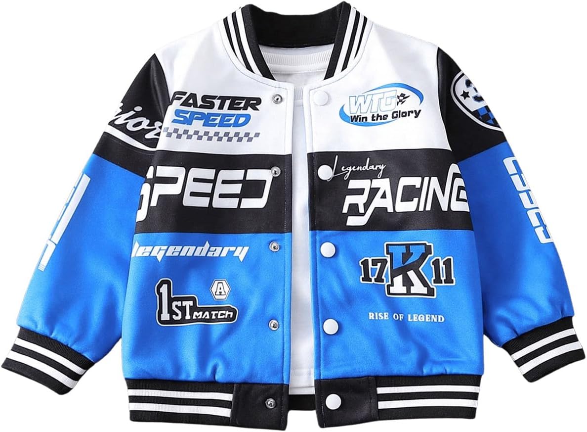 Blue, black, and white toddler bomber jacket with 'Speed' and 'Racing' varsity graphics and striped cuffs.