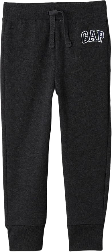 Black toddler GAP logo joggers with a drawstring elastic waist and ribbed cuffs.