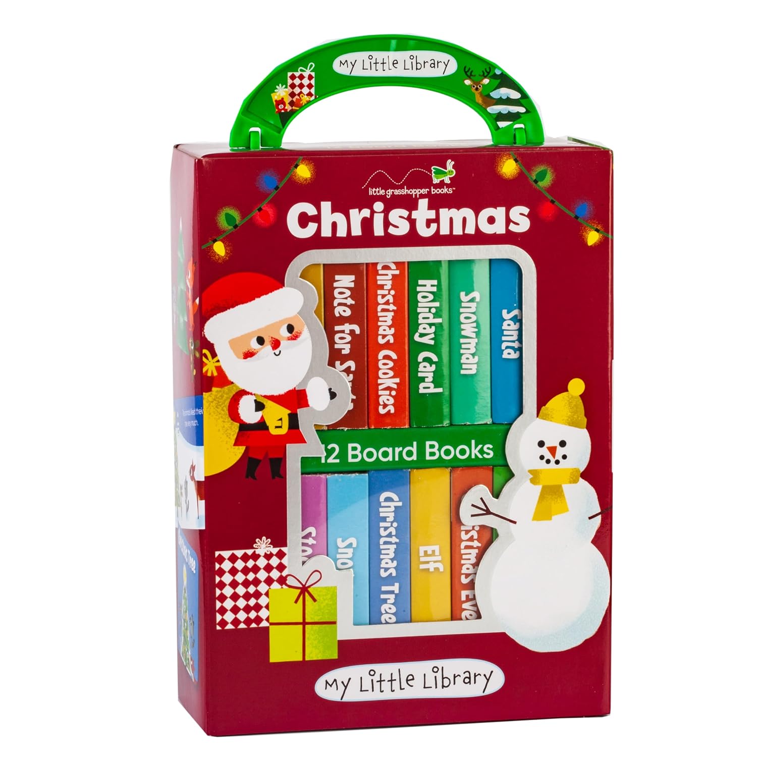 My Little Library Christmas box set of 12 mini board books with a green handle.